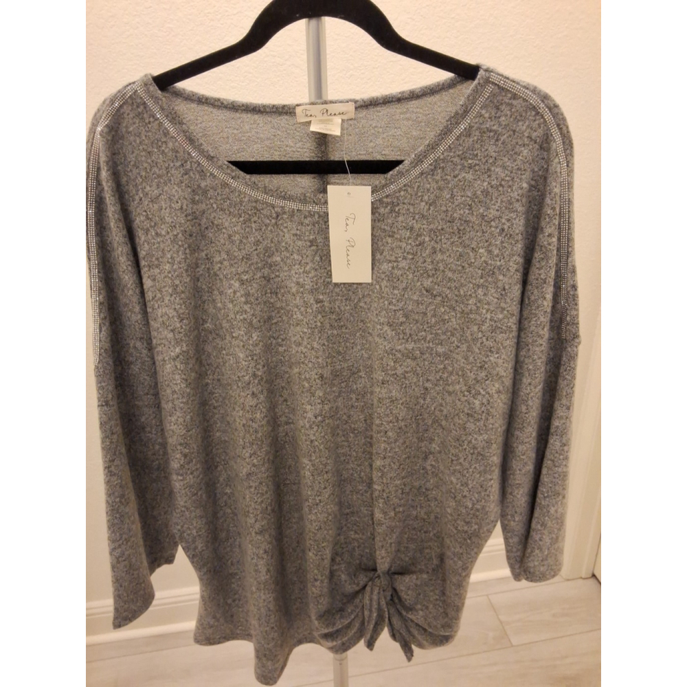 Tea Please Size 1X Gray Womens Long Sleeve Beaded Sweater NWT